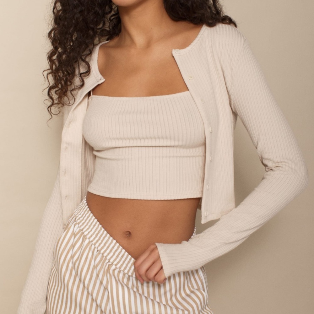 Reformation Cream Ribbed Cardigan and Tank Set M